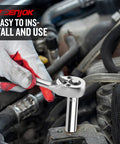 User installing Built Tough Two Piece One Quarter Inch Drive Ten Millimeter Deep Socket Set Chrome Vanadium Steel on engine.