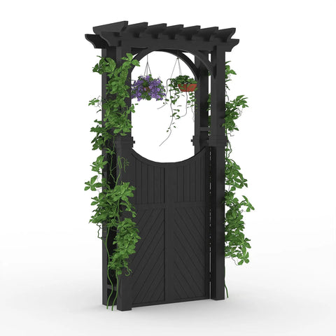 Garden Arbor With Gate And Trellis For Climbing Plants Outdoor Arch For Roses Ivy And Morning Glories Charcoal Finish