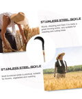 Person using stainless steel sickle in wheat field, highlighted against backdrop, Multipurpose Garden Sickle With Wooden Handle