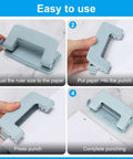 Beefy 6mm Two Hole Punch Handheld Paper Punch for Scrapbooking DIY Tags and Tickets, ergonomic grip, step-by-step usage guide