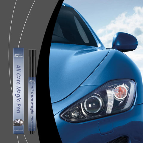 Magic Scratch Repair Pen For Cars No Tools Quick Fix For Scratches Swirls And Scuffs No Mess Long Lasting Protection Kit next to blue car