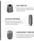 Heavy Duty Extra Long Torx Bit Set That Cranks Down Tight Junk Like A Champ S2 Steel Security Driver Bits Magnetic Hex Shank T6 To T40, showing CNC Torx tip and S2 alloy material.