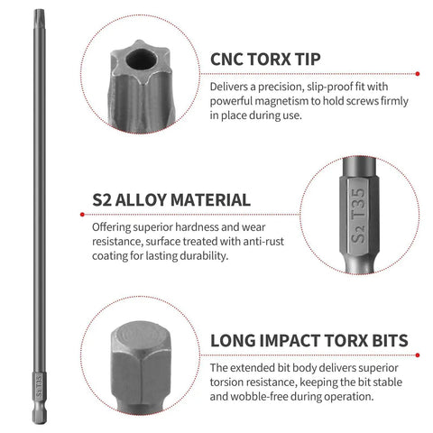 Heavy Duty Extra Long Torx Bit Set That Cranks Down Tight Junk Like A Champ S2 Steel Security Driver Bits Magnetic Hex Shank T6 To T40, showing CNC Torx tip and S2 alloy material.