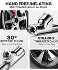 14 Inch Extended Reach Dual Head Air Chuck With Two Way Connection One Quarter Inch FNPT Straight Lock On Tire Inflator Kit showing reverse and threaded chucks for tire wheels
