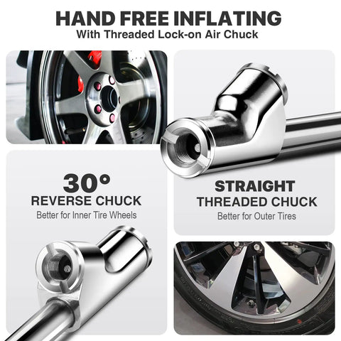 14 Inch Extended Reach Dual Head Air Chuck With Two Way Connection One Quarter Inch FNPT Straight Lock On Tire Inflator Kit showing reverse and threaded chucks for tire wheels