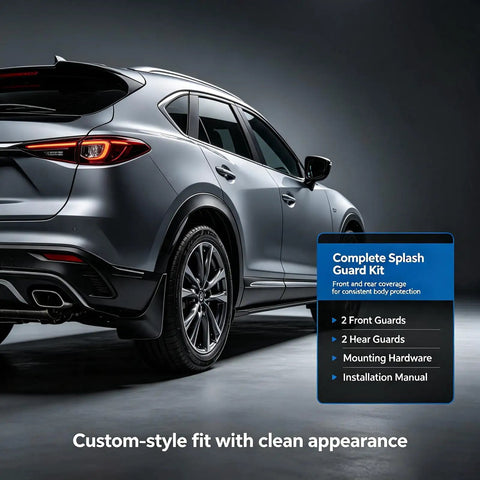 Heavy Duty Mud Flaps For Tesla Cybertruck 2024 Through 2026 Premium Splash Guards on a sleek silver vehicle, showcasing protection.