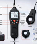 Pro Grade Digital Light Meter Lux Meter With Detachable Sensor 0 To 200000 Lux Range showing handheld unit, sensor, LCD, and USB port