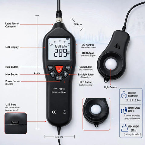 Pro Grade Digital Light Meter Lux Meter With Detachable Sensor 0 To 200000 Lux Range showing handheld unit, sensor, LCD, and USB port