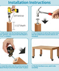 Installation instructions for 2 Inch Ball Caster Wheels With Sockets, showing drilling, inserting socket, and attached casters on furniture leg.