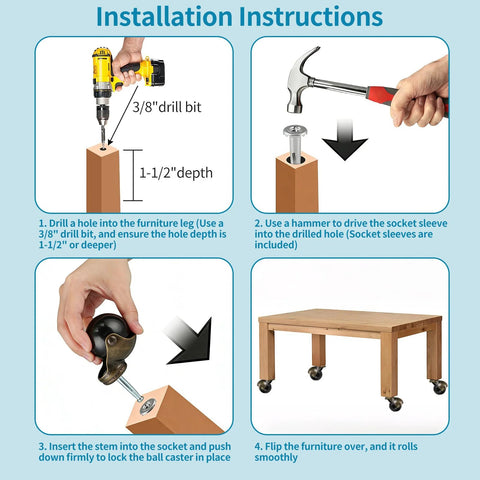 Installation instructions showing how to install the 1.5 Inch Ball Caster Stem Wheel With Sockets on furniture.