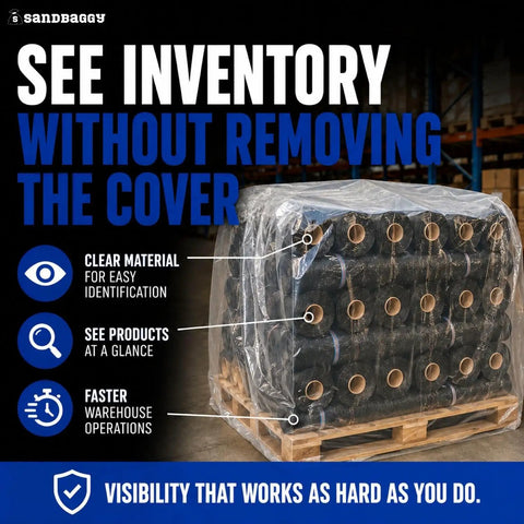 Heavy Duty Clear Pallet Covers Hella Tough American Made Tarp For Warehouse Racks and Outside Gear, clear cover on pallet.