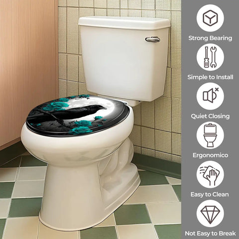 Round Decorative Toilet Seat for Bathroom with black raven and teal roses, fitting standard toilets with quiet closing feature.