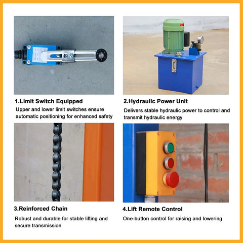 Heavy Duty Hydraulic Lift Platform For Factory Material Handling With One Touch Electric Control And 32 Foot Vertical Cargo Elevation showing limit switch, power unit, chain, and remote control.