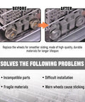 Before and after comparison of No Sweat Lower Dishwasher Rack Wheels Compatible With KitchenAid W10195416 W10195416V replacement rollers.