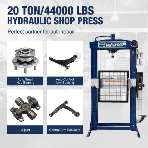 20 Ton H Frame Hydraulic Garage Shop Press With Hand Pump Foot Pedal Seven Adjustable Beds Stamping Plates And Integrated Pressure Gauge showcasing parts for auto repair.