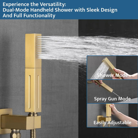 Total Game Changer Thermostatic Shower System With Brushed Gold Finish And Smooth Push Button Diverter Featuring A Versatile 2 In 1 Handheld And 12 Inch Ceiling Rain Head Plus 6 Inch Wall Mount That Just Hits Different