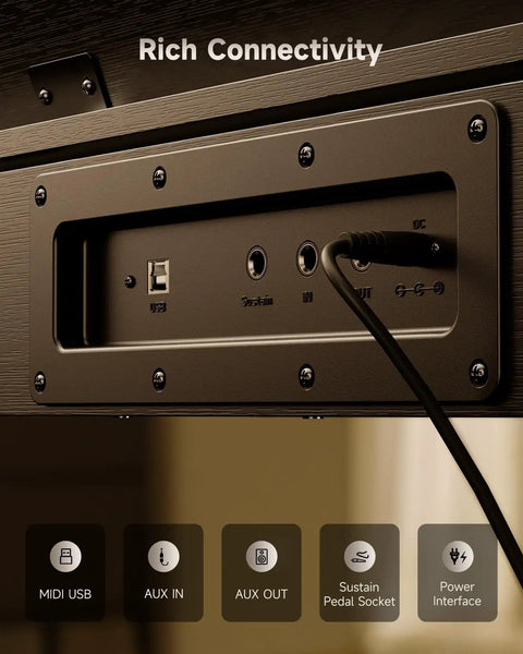 Connectivity panel of OURA S100 88 Key Graded Hammer Action Digital Piano With Bluetooth showing ports for AUX, USB, and power.