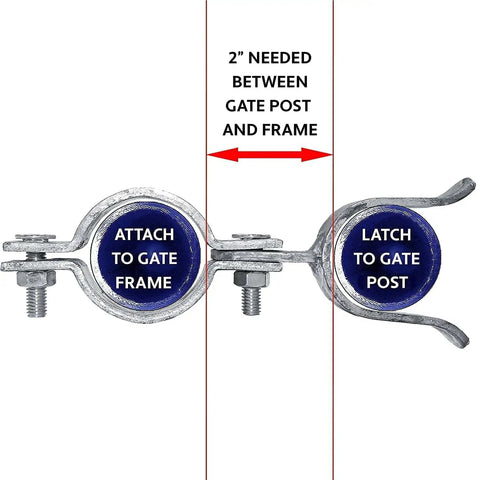 Durable Galvanized Chain Link Gate Latch 1-5/8 By 2-3/8 Inch shown with installation instructions and attachment points.