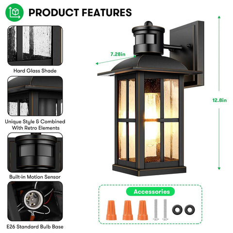 Motion Sensor Porch Light Anti Rust Aluminum Dusk To Dawn Outdoor Wall Lantern Sconce with seed glass and accessories