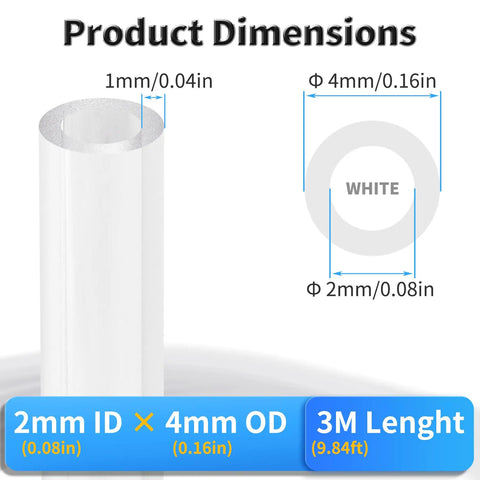 Diagram showing dimensions of Pro Grade Nylon Pneumatic Hose 2Mm ID 4Mm OD 9.84 Feet White, Air Tubing For Pneumatic Systems.