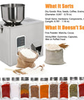 Top Shelf Automatic Filling Machine For Grains And Seeds Straight Up Fast Two To Five Second Bag Packing For Coffee Beans And Spices, with stainless steel bowl and labeled ingredients.
