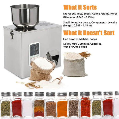 Top Shelf Automatic Filling Machine For Grains And Seeds Straight Up Fast Two To Five Second Bag Packing For Coffee Beans And Spices, with stainless steel bowl and labeled ingredients.