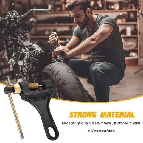 Heavy Duty Motorcycle Chain Breaker Tool For 420 530 Roller Chains Pin Link Riveting Splitter Built Tough with cast iron construction, man repairing bike