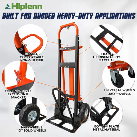 Beefy Aluminum 4 In 1 Convertible Hand Truck Dolly With Four Smooth Wheels and Heavy Duty Frame, showcasing the non-slip handle and solid wheels.