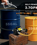 Heavy Duty 110V Electric Fuel Transfer Pump Kit With Self Priming Hose And Reversible Flow Great For Quick Gas Diesel Or Kerosene Swaps with fuel nozzle over barrels.
