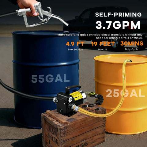 Heavy Duty 110V Electric Fuel Transfer Pump Kit With Self Priming Hose And Reversible Flow Great For Quick Gas Diesel Or Kerosene Swaps with fuel nozzle over barrels.
