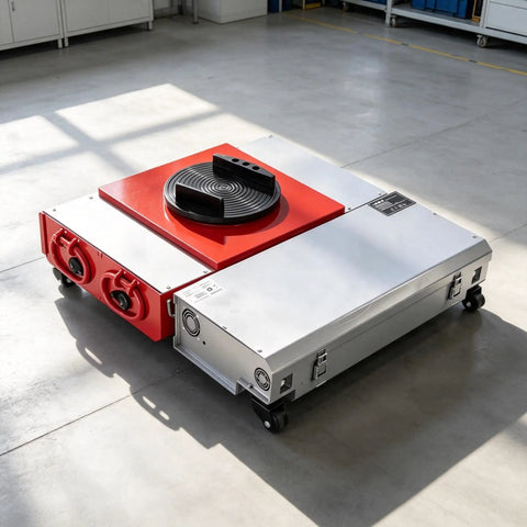 Industrial Grade Heavy Duty 360 Degree Rotating Turntable Electric Transfer Cart With Remote Control for easy navigation on a warehouse floor.