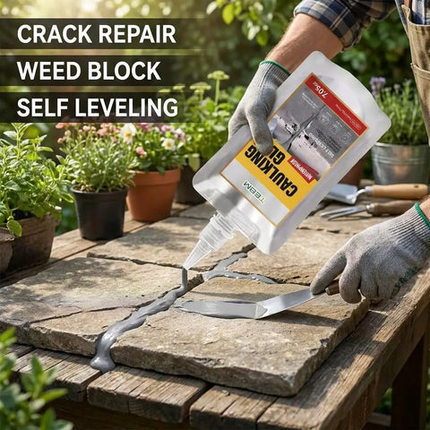Badass Concrete Crack Filler For Dog Runs And Kennels Offers Kickin Odorless Mineral Cure applied to stone surface by gloved hand.