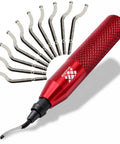 Pro Afa Deburring Tool Set With 11 M35 High Speed Steel Blades For stainless steel and hard metal, showing red aluminum handle and blades.