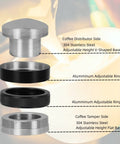 Top Shelf 58mm Espresso Distributor And Tamper Set showing stainless steel distributor, aluminum rings, and tamper side, adjustable height.