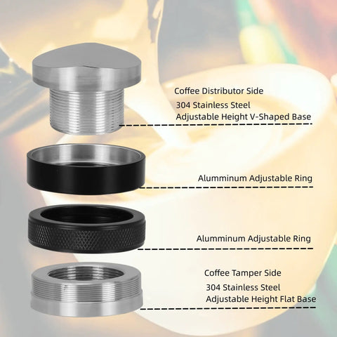 Top Shelf 58mm Espresso Distributor And Tamper Set showing stainless steel distributor, aluminum rings, and tamper side, adjustable height.