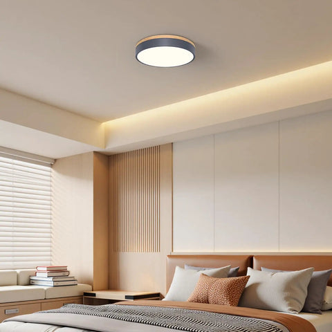Dimmable Wood Oak Ceiling Light Fixture In Modern Gray LED Flush Mount With 5CCT Circular Minimalist Design in a bedroom