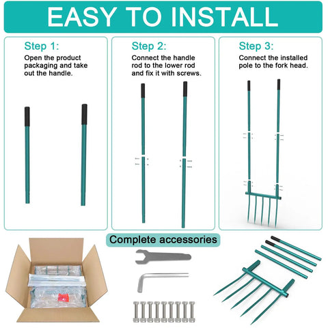 Heavy Duty 5 Tines Broad Fork Garden Tool installation guide with components and assembly steps shown in three panels