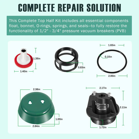 Complete 1/2 To 3/4 Inch Float And Bonnet Repair Kit For Backflow Preventers And PVB Valves components display
