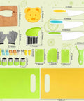 Toy 28-piece toddler knife set with cutting boards and kid-safe utensils in green and yellow.