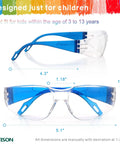 Alt Tag: 28 Pack Kids Safety Glasses Set With Seven Color Frames For Nerf Parties Science Projects And School Use ANSI Z87.1 Plus Protection Scratch And Impact Resistant Lenses UV Shield Comfort Fit shown in blue frame with measurements.