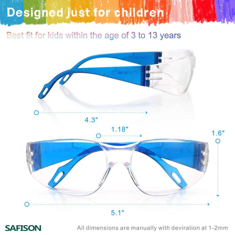 Alt Tag: 28 Pack Kids Safety Glasses Set With Seven Color Frames For Nerf Parties Science Projects And School Use ANSI Z87.1 Plus Protection Scratch And Impact Resistant Lenses UV Shield Comfort Fit shown in blue frame with measurements.