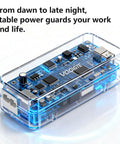 Transparent blue circuit board with components and text 'From dawn to late night, stable power guards your work and life'