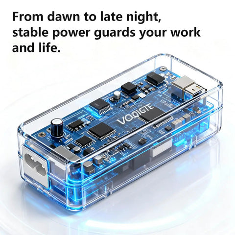 Transparent blue circuit board with components and text 'From dawn to late night, stable power guards your work and life'