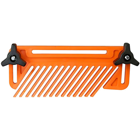 Top Shelf Adjustable Featherboard For Woodworking Router Tables And Table Saws Rock Solid UHMW Safety Jig with black knobs.