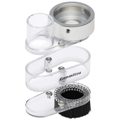 Dust Shoe For CNC Router 52mm Spindle Motors Clear ABS Shield showing assembly parts, brush, and hose adapter 38mm