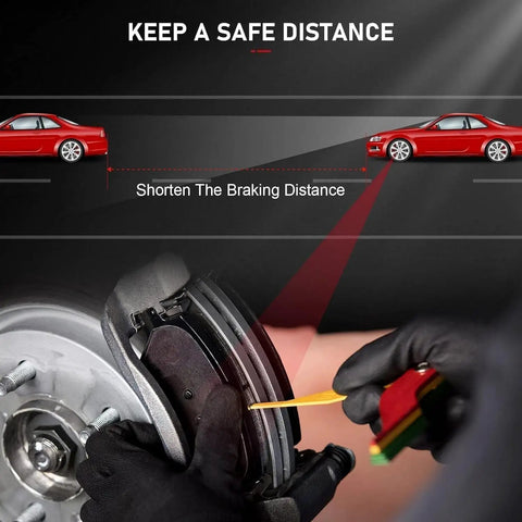 Mechanic inspecting front and rear ceramic brake pads kit for Ford C Max EcoSport Escape Focus Mazda3 Volvo C30, promoting safety.