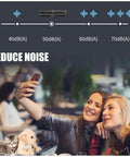 Two women taking a selfie in a café with a visual display of sound levels, promoting the Heavy Duty Commercial Air Curtain Kicks The Chill Out Dead Nuts Quiet Remote Door Blower Seals Out Dust Pests Strong Cool Breeze Energy Smart Black 1.5 Meter Hassle Free Wall Install.