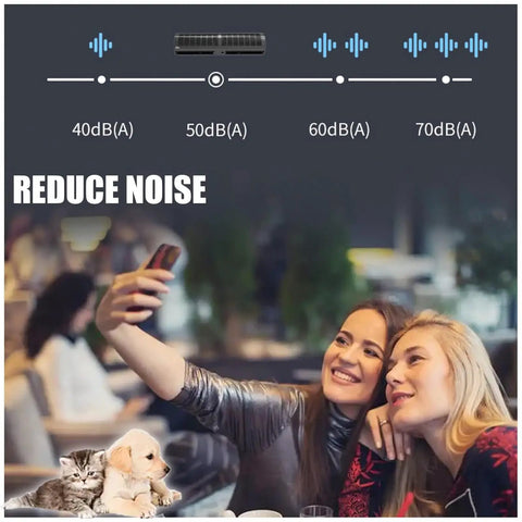 Two women taking a selfie in a café with a visual display of sound levels, promoting the Heavy Duty Commercial Air Curtain Kicks The Chill Out Dead Nuts Quiet Remote Door Blower Seals Out Dust Pests Strong Cool Breeze Energy Smart Black 1.5 Meter Hassle Free Wall Install.