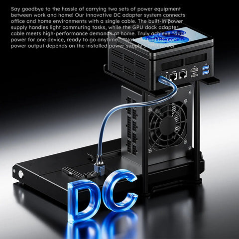 Kickass External Gpu Dock Station Featuring Ocuklink Pcie 4.0 X4 64Gbps Transfer, showing DC adapter with single cable and fan.