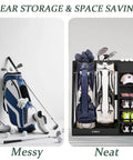 Comparison of messy vs neat gear storage with Birch Plywood Golf Bag Storage For Two Bags With 36Lb Rock Solid Organizer And 7 Shelf.